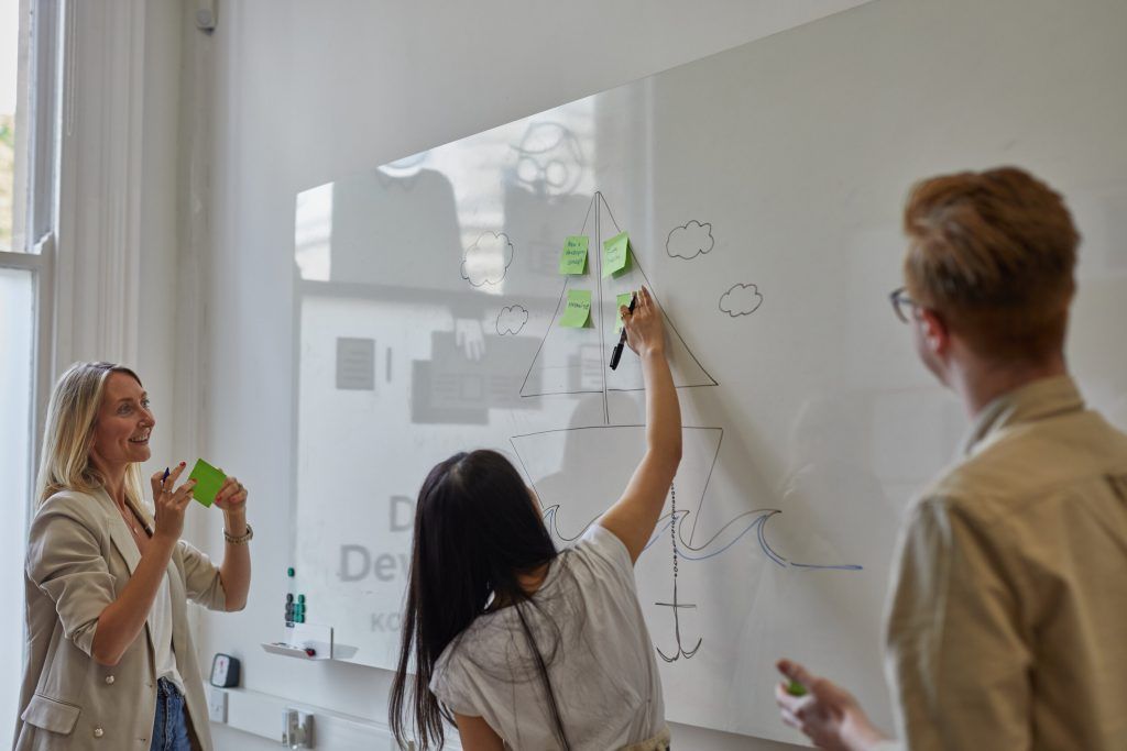Three people at a whiteboard sketching a sailboat with clouds and an anchor, adding green sticky notes to the sail