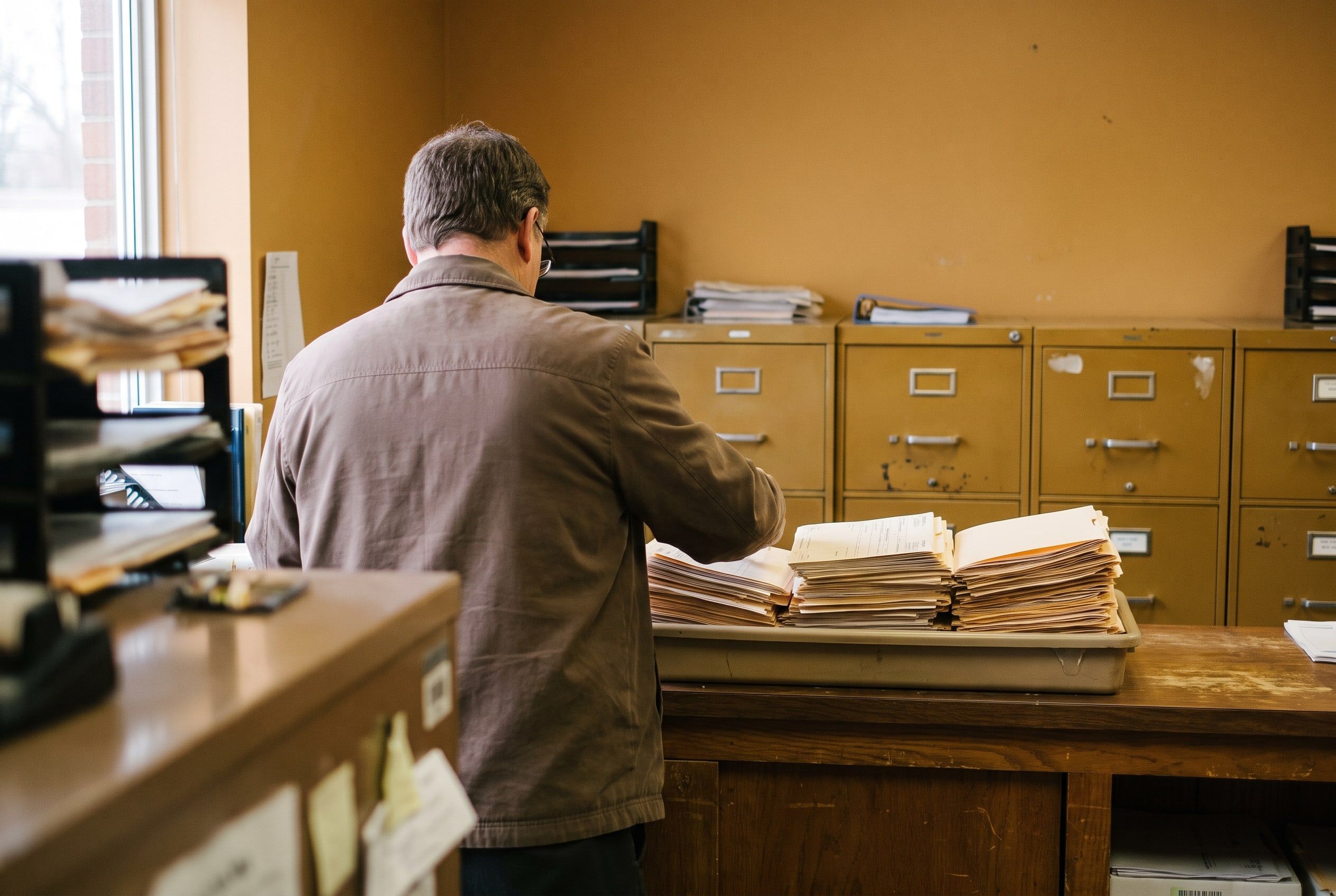 A person working through a tray of paper forms at a back-office counter, sorting them into stacks in front of a row of filing cabinets.