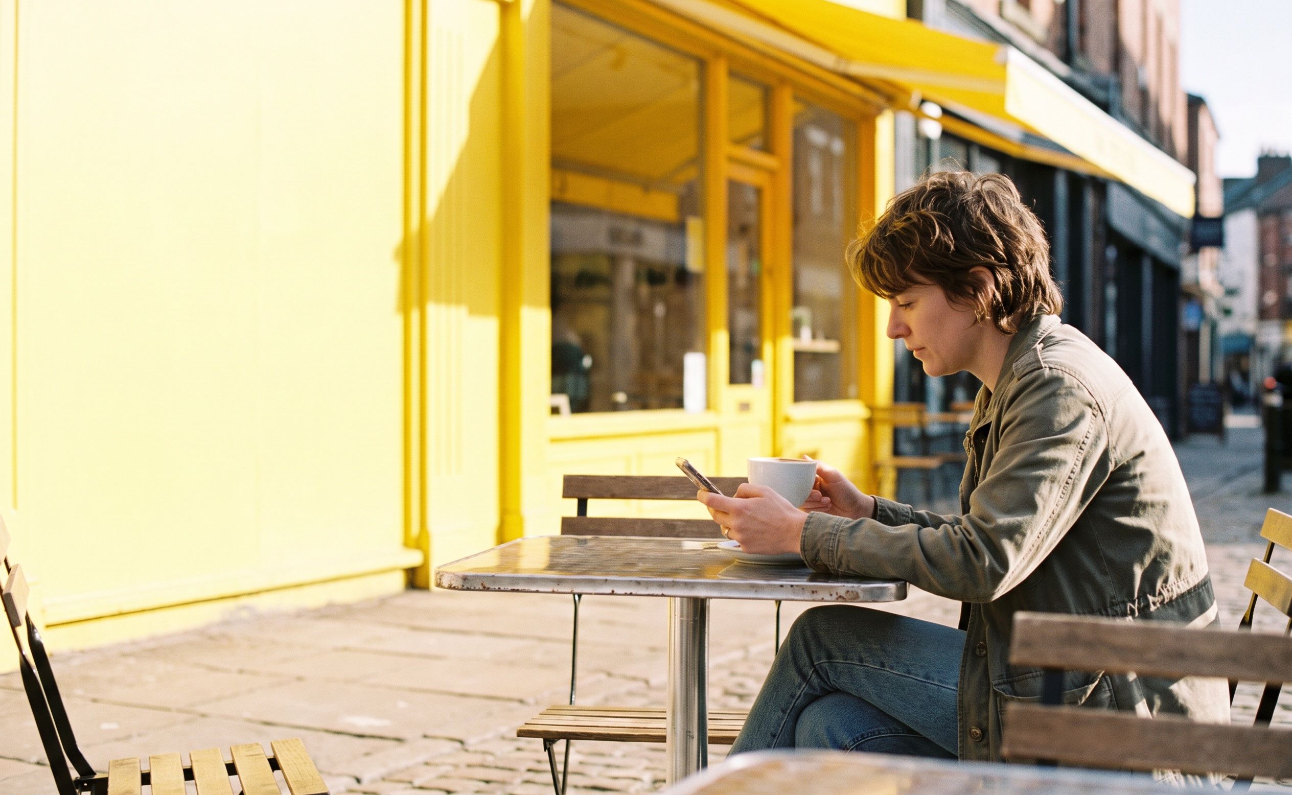 A person sitting at a small outdoor cafe table in bright sunshine, coffee in one hand, reading their phone, a yellow-painted shopfront and awning behind them.