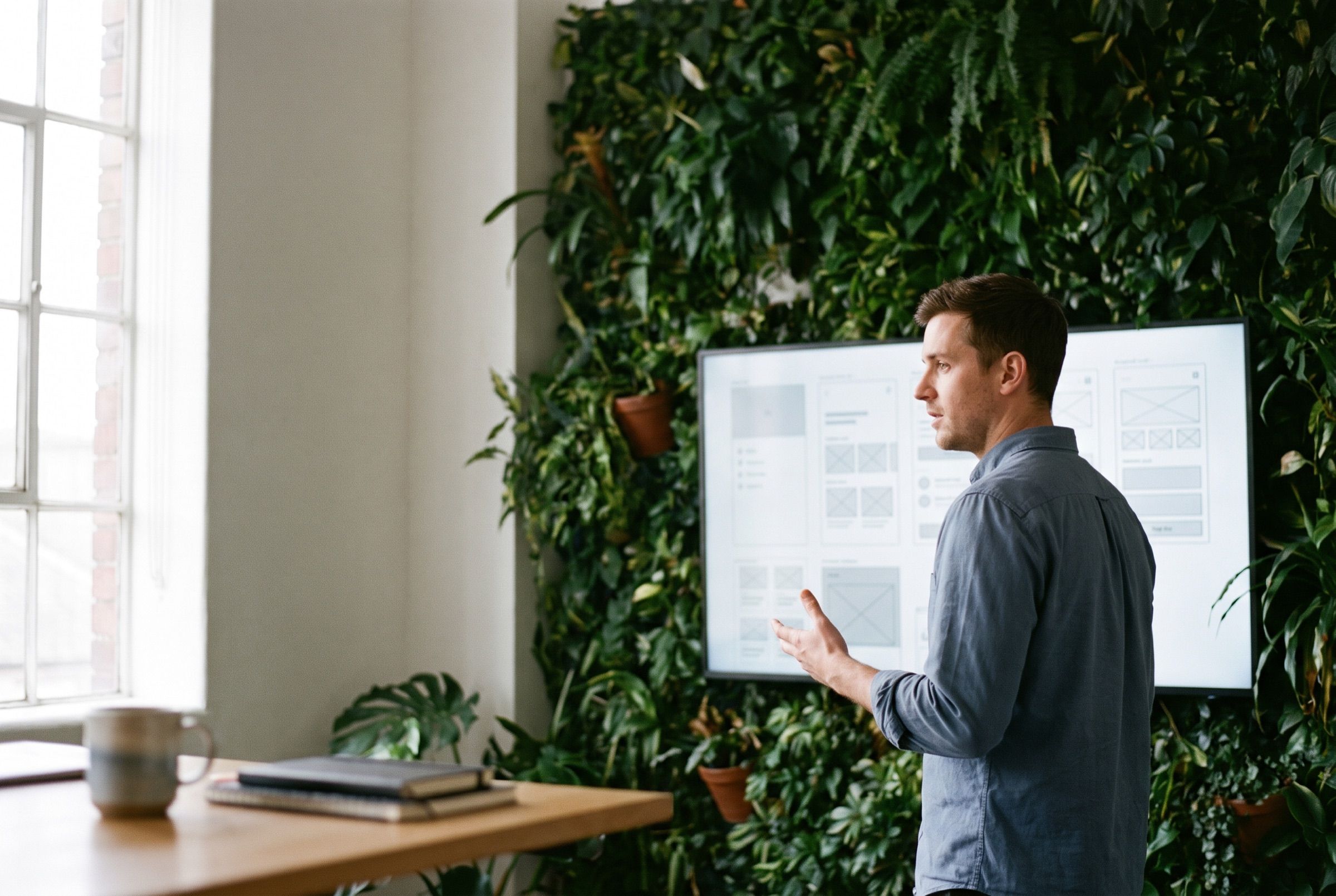 A designer talking through a wall-mounted screen of interface wireframes in a studio with a green plant wall.